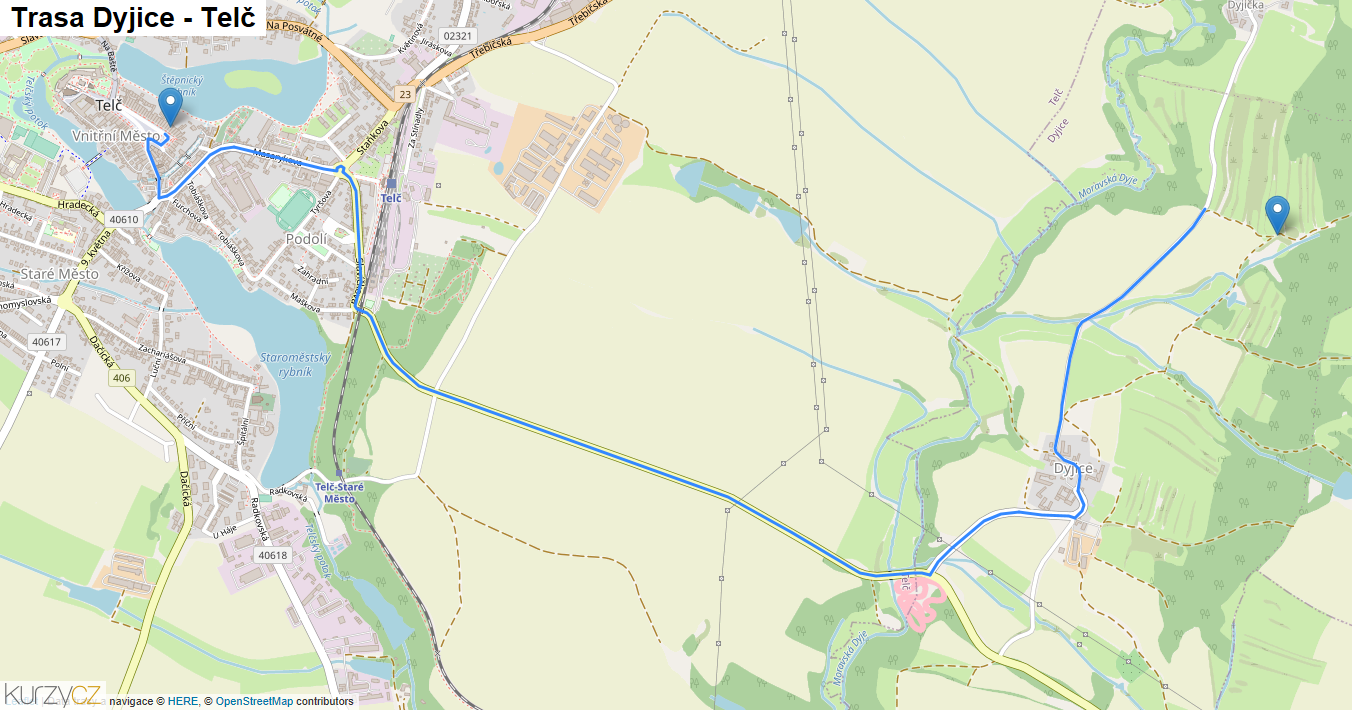 Dyjice-Telč, mapa trasy