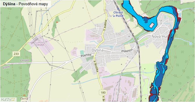 Dýšina - záplavové mapy stoleté vody