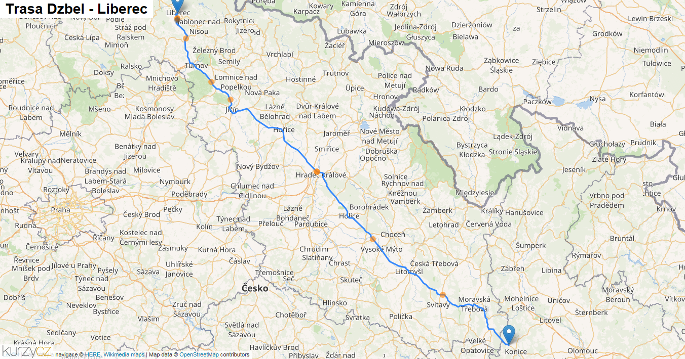 Dzbel-Liberec, mapa trasy