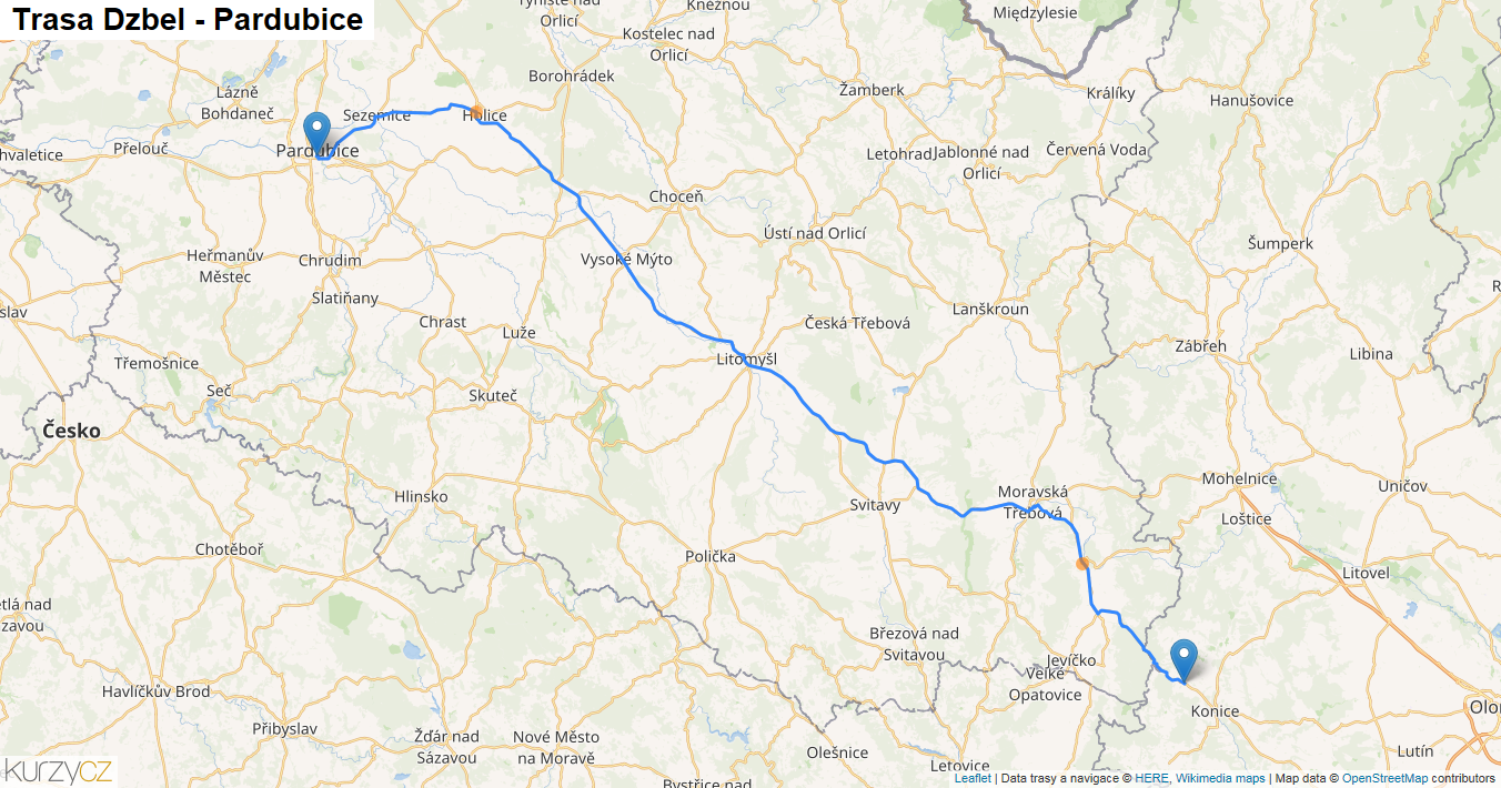 Dzbel-Pardubice, mapa trasy