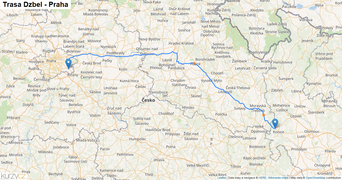 Dzbel-Praha, mapa trasy