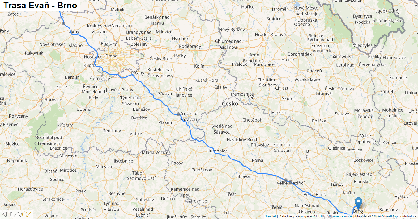 Evaň-Brno, mapa trasy