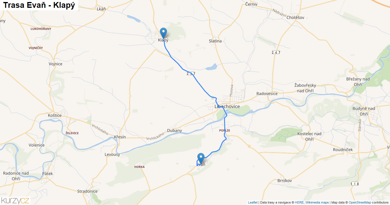 Evaň-Klapý, mapa trasy