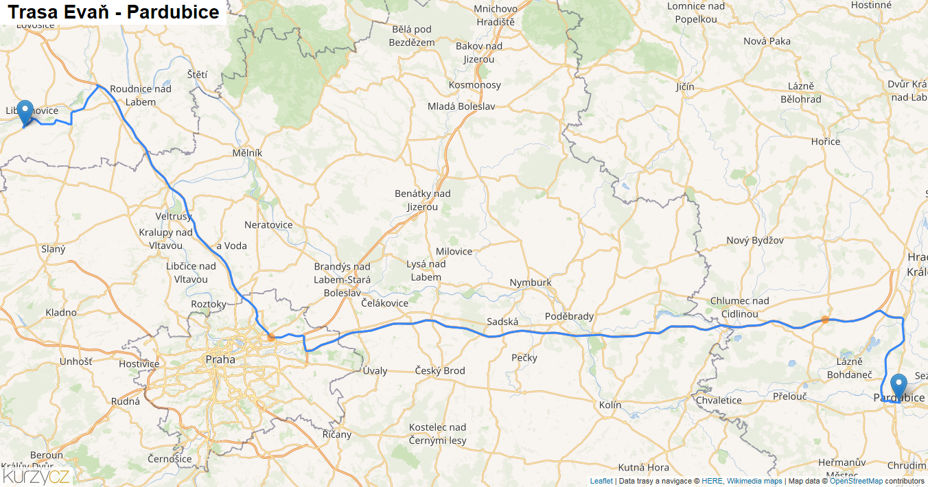 Evaň-Pardubice, mapa trasy