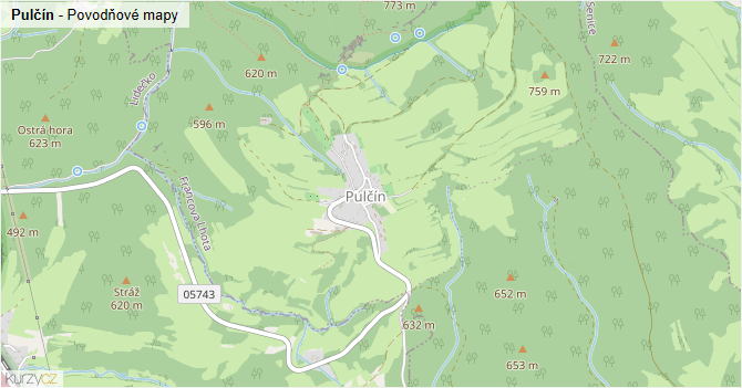 Pulčín - záplavové mapy stoleté vody