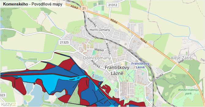 Komenského - záplavové mapy stoleté vody