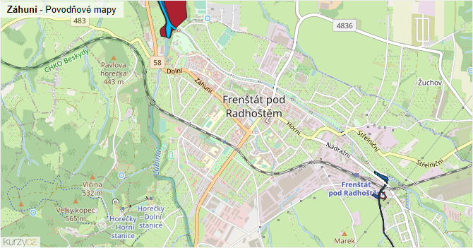 Záhuní - záplavové mapy stoleté vody