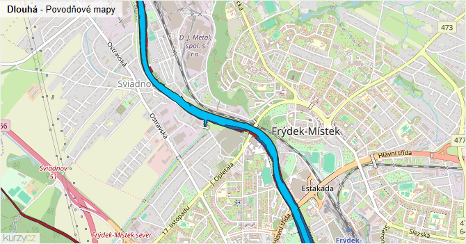 Dlouhá - záplavové mapy stoleté vody