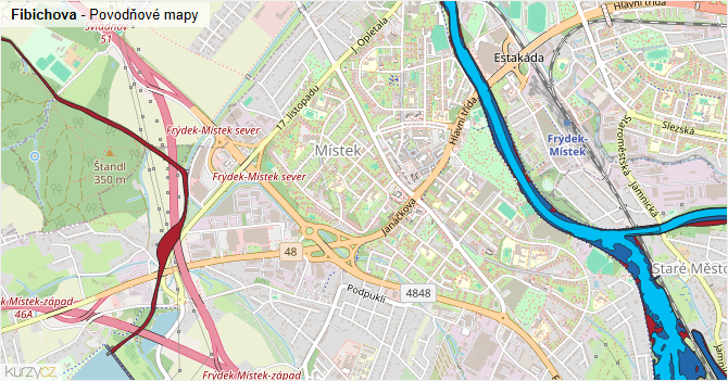 Fibichova - záplavové mapy stoleté vody