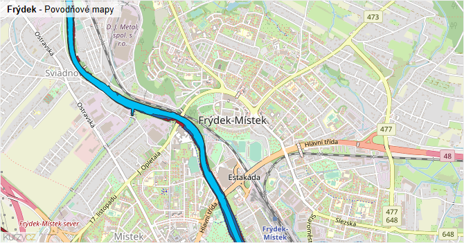 Frýdek - záplavové mapy stoleté vody