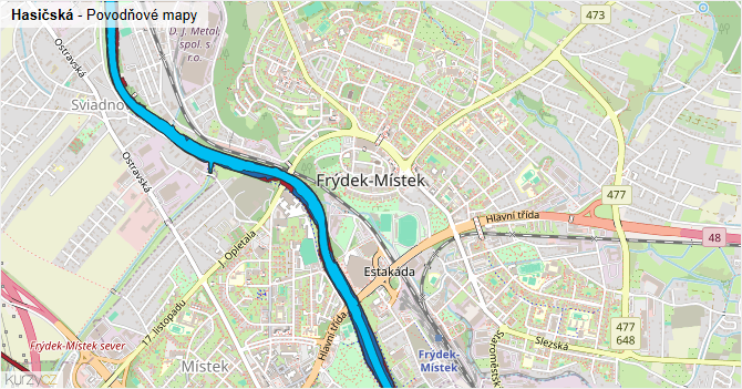 Hasičská - záplavové mapy stoleté vody