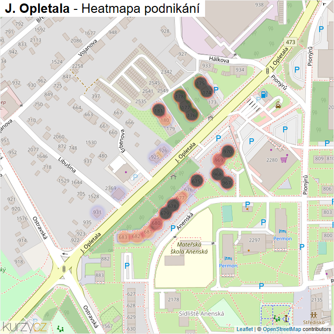 Mapa J. Opletala - Firmy v ulici.
