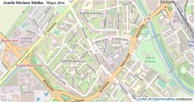Josefa Václava Sládka - mapa ulice