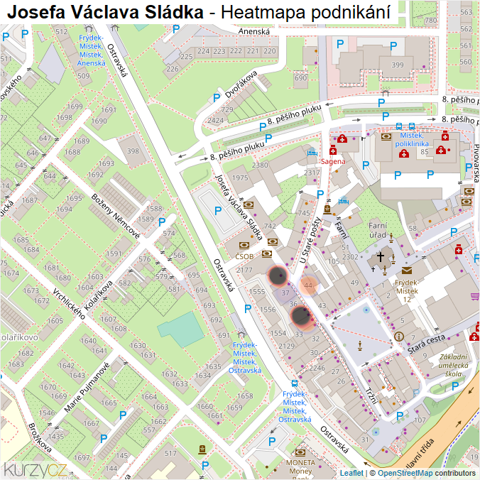 Mapa Josefa Václava Sládka - Firmy v ulici.