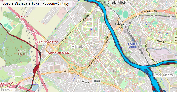 Josefa Václava Sládka - záplavové mapy stoleté vody