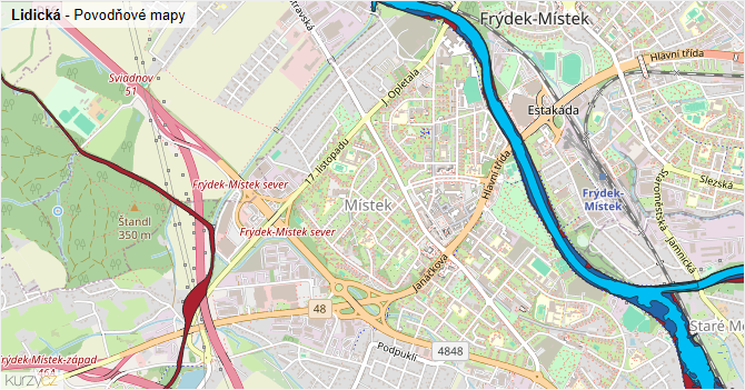 Lidická - záplavové mapy stoleté vody