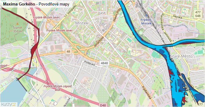 Maxima Gorkého - záplavové mapy stoleté vody