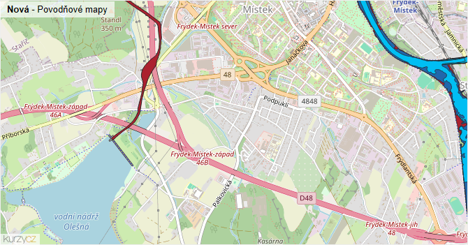 Nová - záplavové mapy stoleté vody