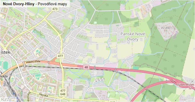 Nové Dvory-Hlíny - záplavové mapy stoleté vody