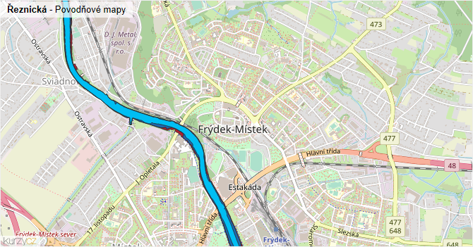 Řeznická - záplavové mapy stoleté vody