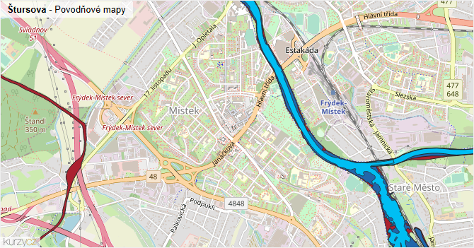 Štursova - záplavové mapy stoleté vody