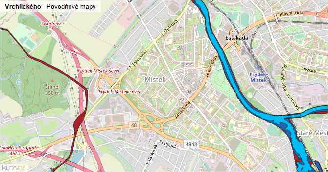 Vrchlického - záplavové mapy stoleté vody