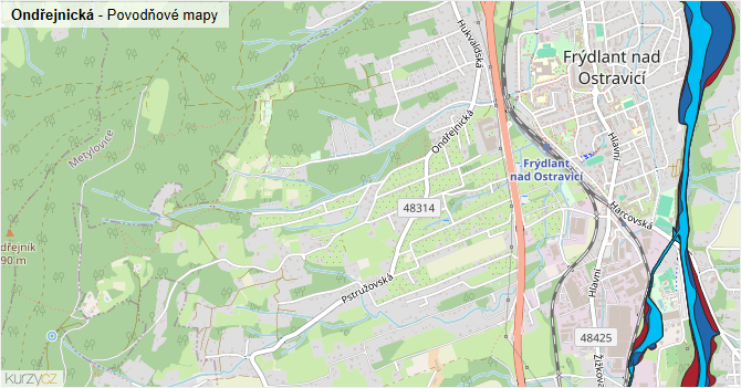 Ondřejnická - záplavové mapy stoleté vody