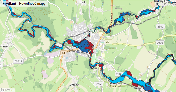 Frýdlant - záplavové mapy stoleté vody