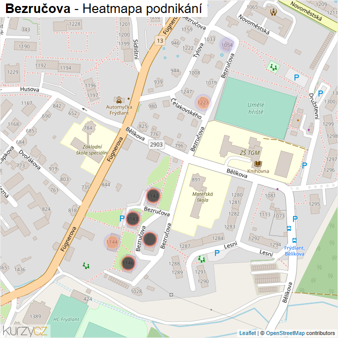 Mapa Bezručova - Firmy v ulici.