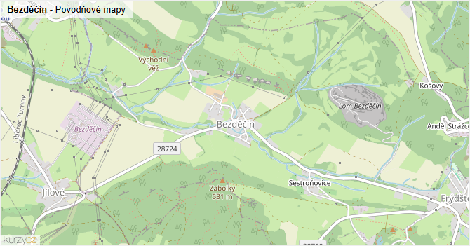 Bezděčín - záplavové mapy stoleté vody