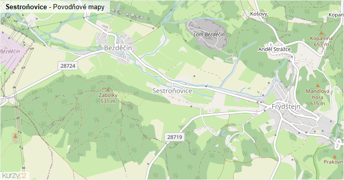Sestroňovice - záplavové mapy stoleté vody