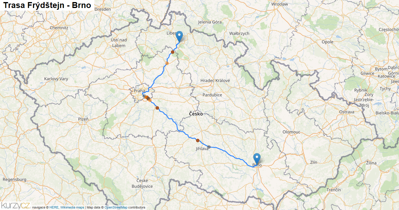 Frýdštejn-Brno, mapa trasy