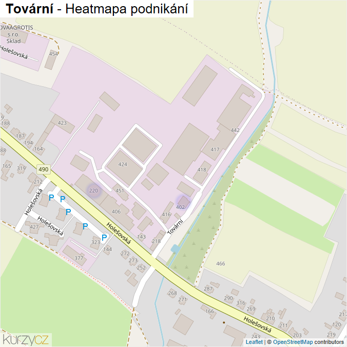 Mapa Tovární - Firmy v ulici.