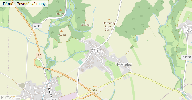 Děrné - záplavové mapy stoleté vody