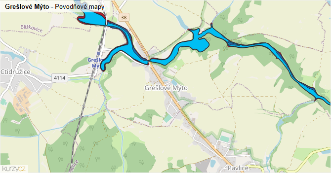 Grešlové Mýto - záplavové mapy stoleté vody