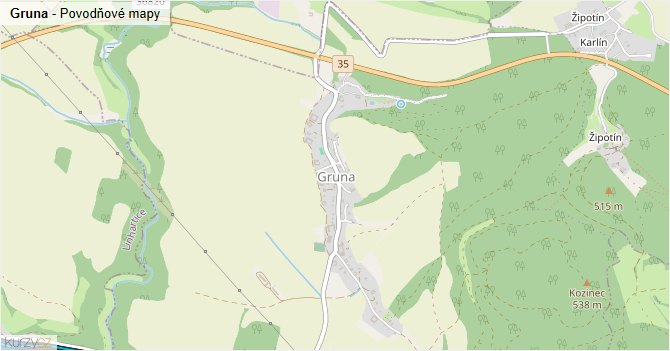 Gruna - záplavové mapy stoleté vody