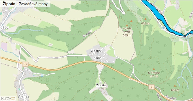 Žipotín - záplavové mapy stoleté vody