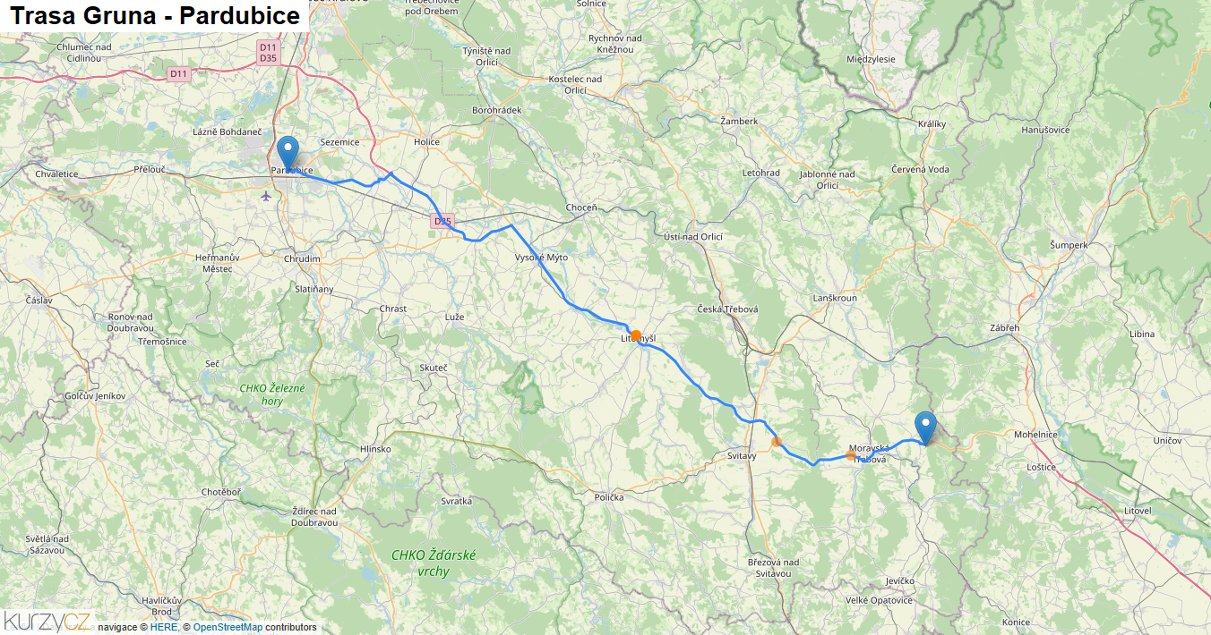 Gruna-Pardubice, mapa trasy