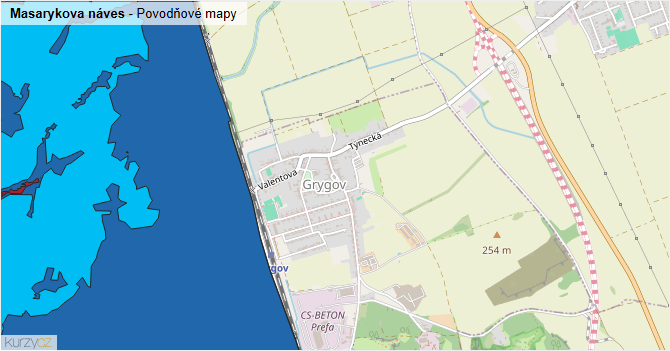 Masarykova náves - záplavové mapy stoleté vody