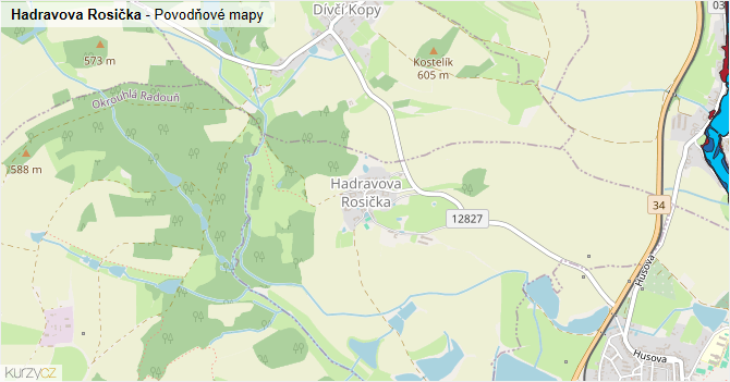 Hadravova Rosička - záplavové mapy stoleté vody