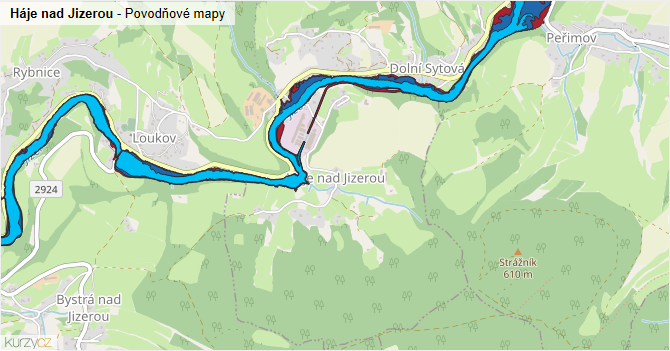 Háje nad Jizerou - záplavové mapy stoleté vody