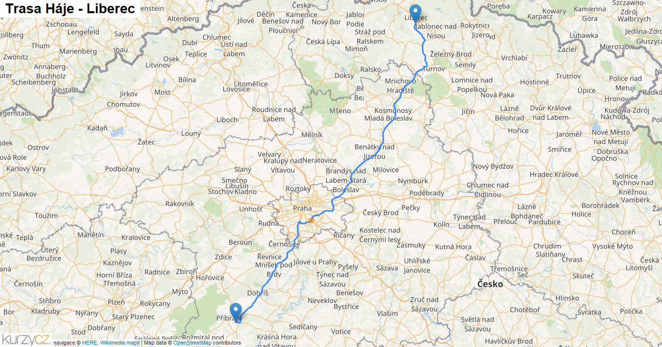 Háje-Liberec, mapa trasy