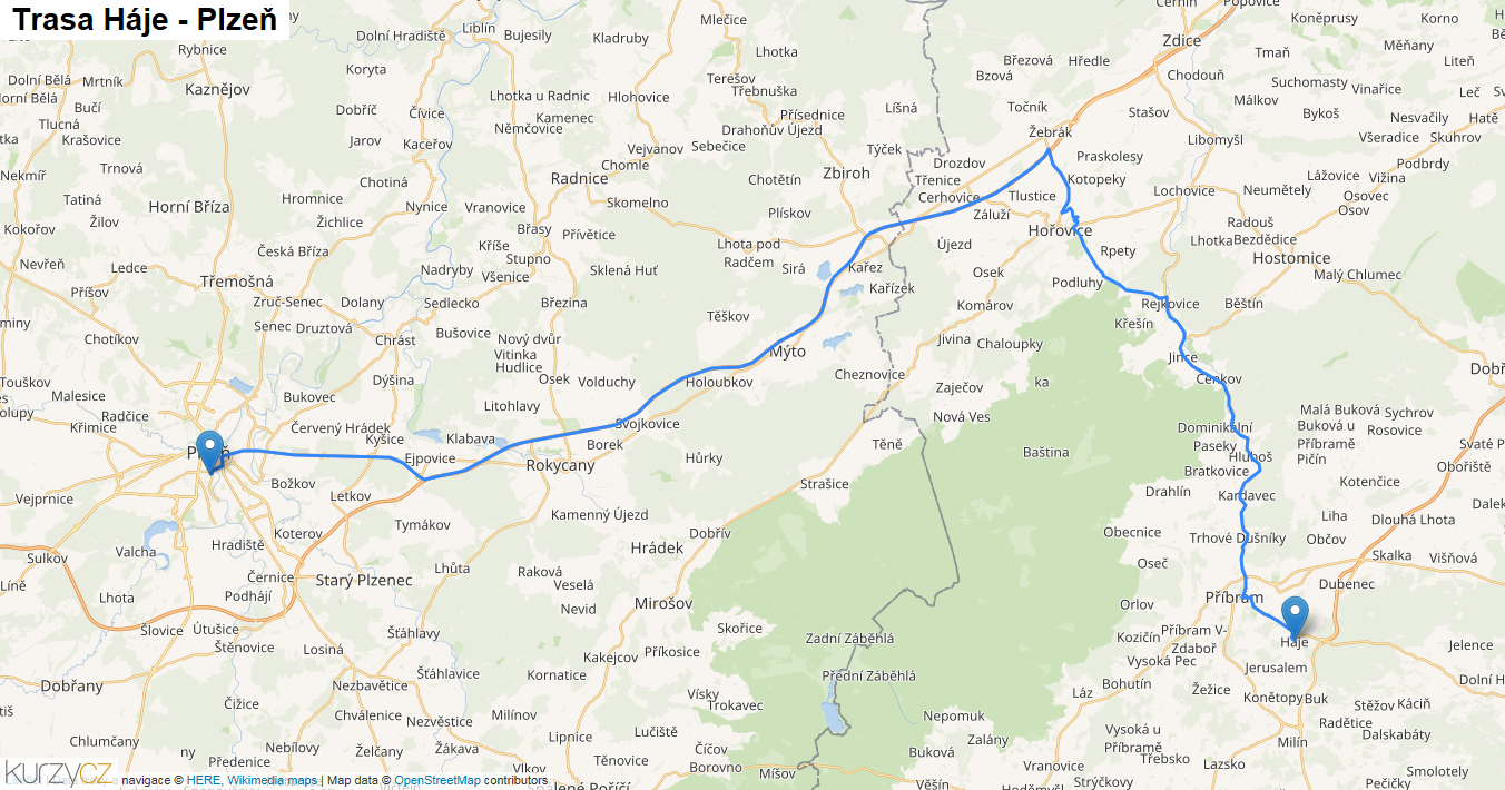 Háje-Plzeň, mapa trasy