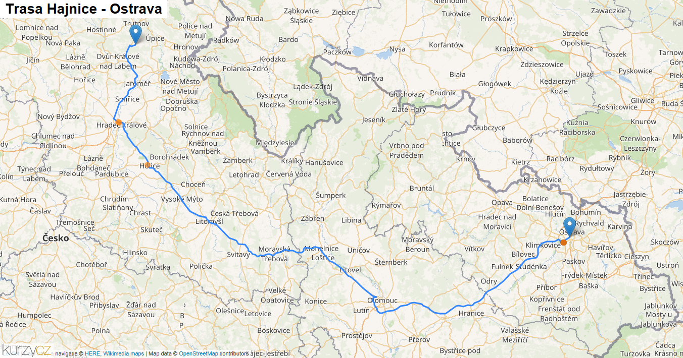 Hajnice-Ostrava, mapa trasy