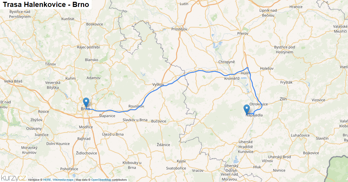 Halenkovice-Brno, mapa trasy