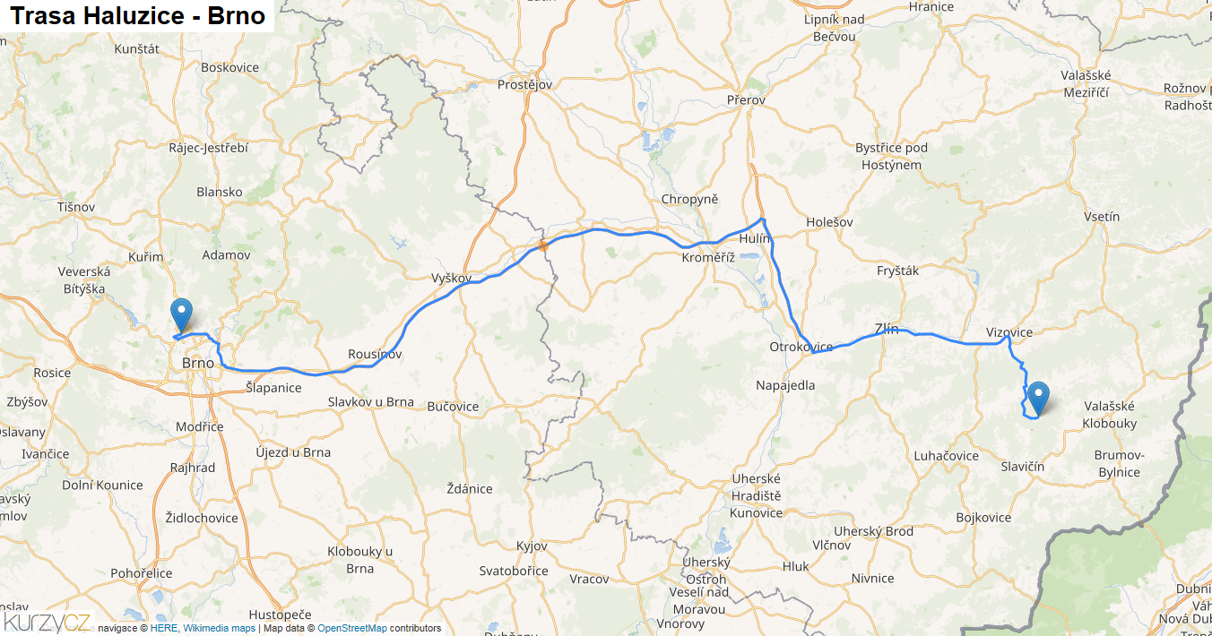 Haluzice-Brno, mapa trasy