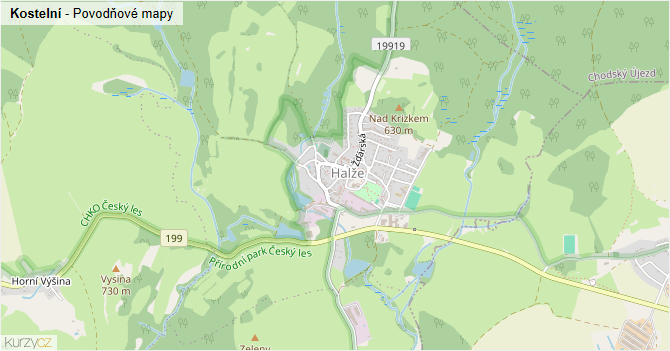 Kostelní - záplavové mapy stoleté vody