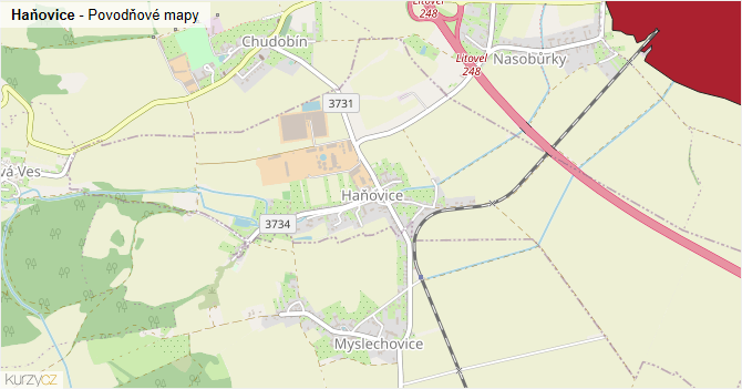 Haňovice - záplavové mapy stoleté vody