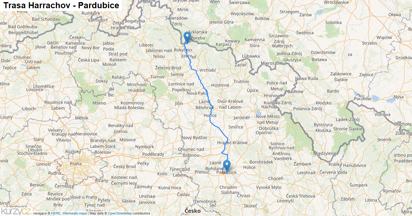 Harrachov-Pardubice, mapa trasy