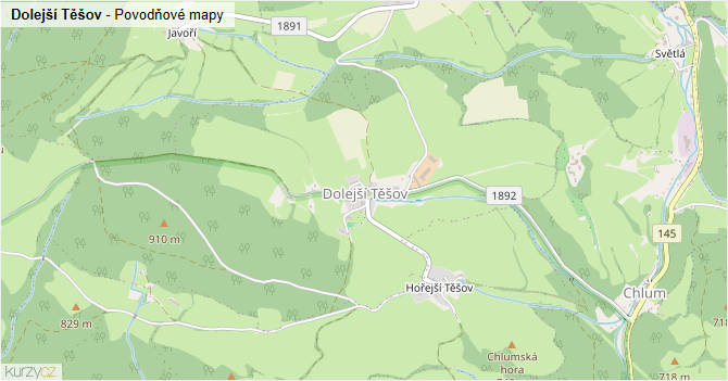 Dolejší Těšov - záplavové mapy stoleté vody